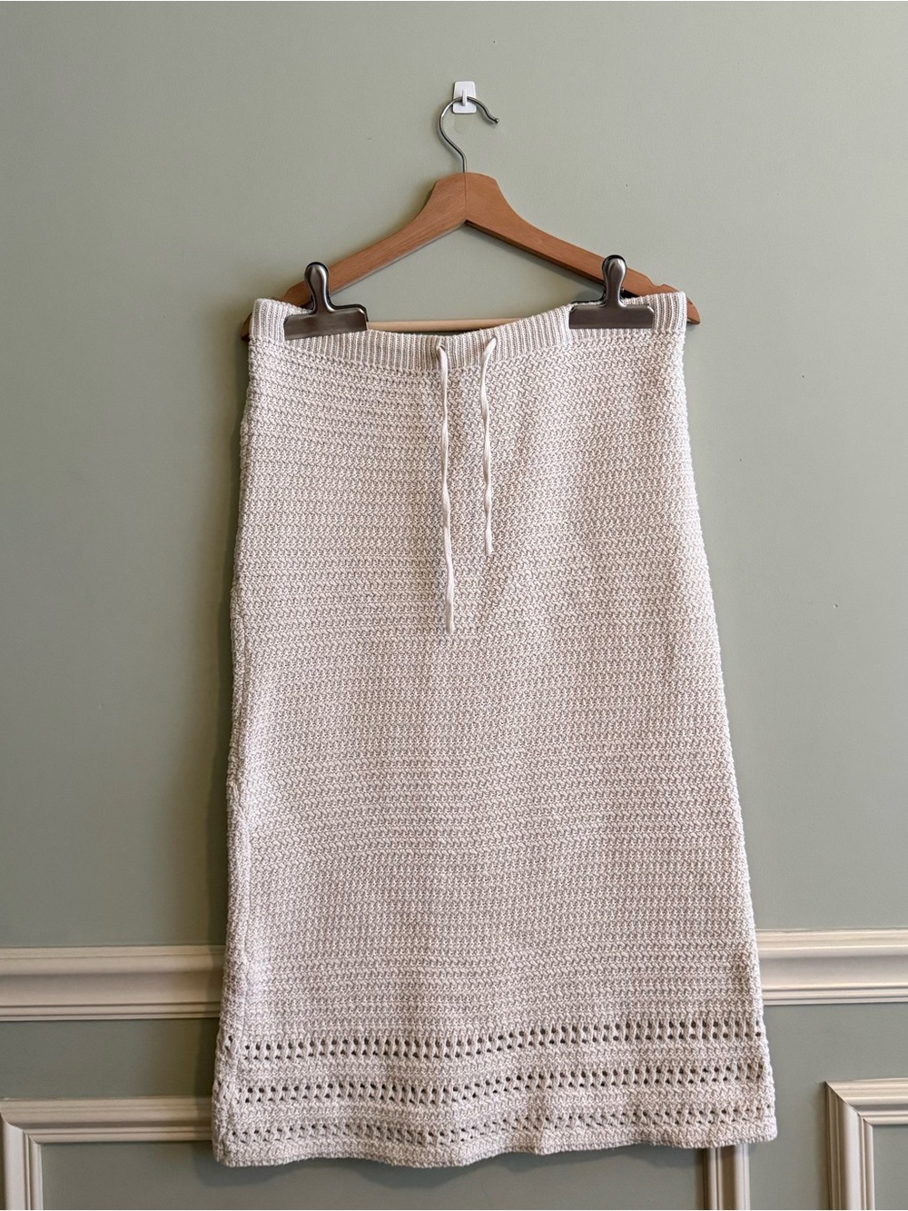 Cream Cotton Knit Drawstring Midi Skirt
